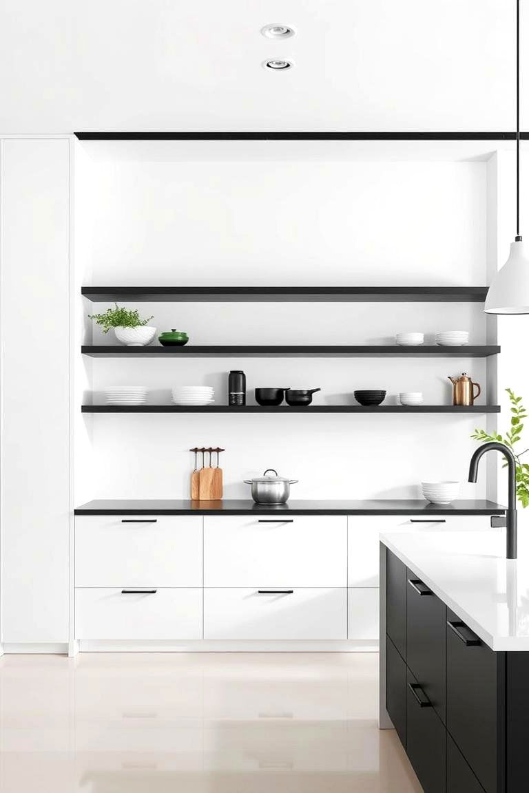 Sleek Open Shelving in Black and White - 24 Black and White Kitchen Ideas