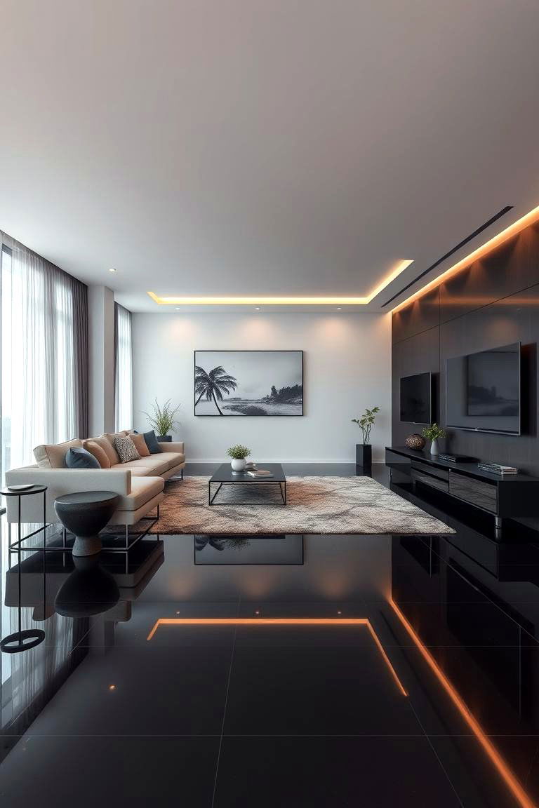 Sleek Polished Perfection - 24 Black Floor Living Room Ideas