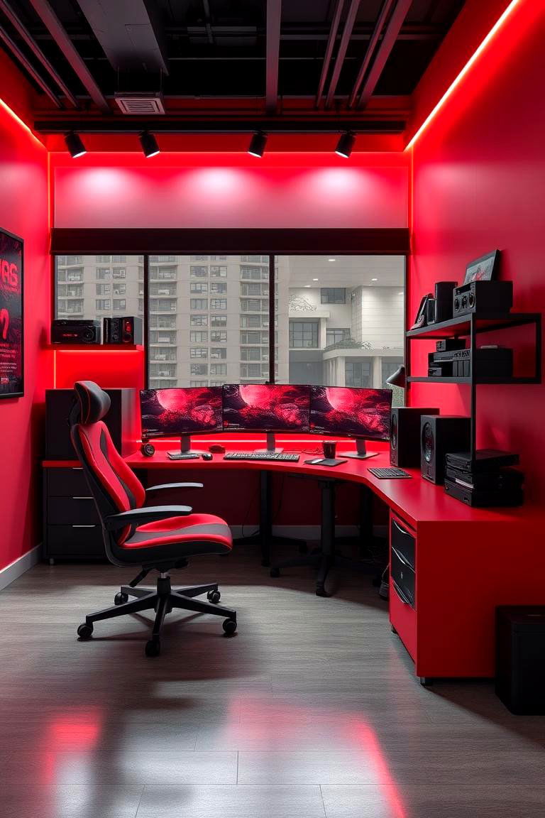 Sleek Red and Black Workspace Harmony - 24 Red and Black Gaming Setup Ideas