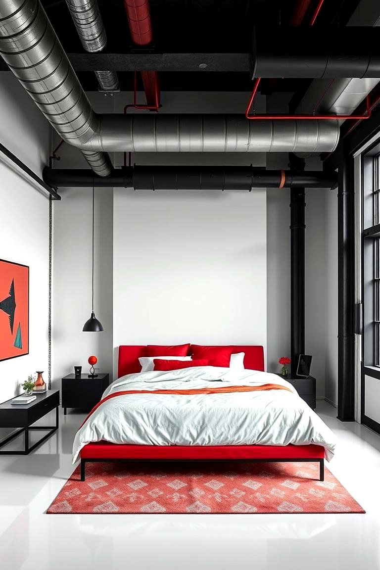 Sleek Urban Loft - 24 red black and white bedroom ideas
