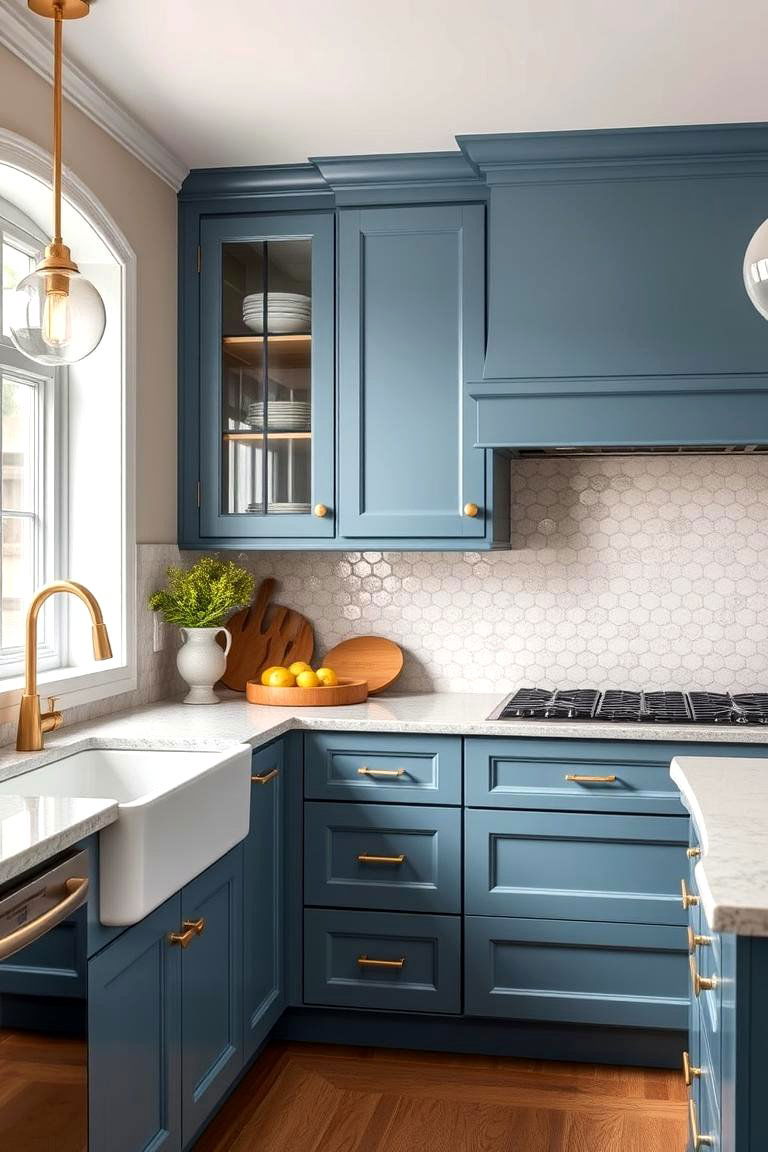 Sleek Vintage Fusion - 24 blue kitchen cabinets with gold hardware