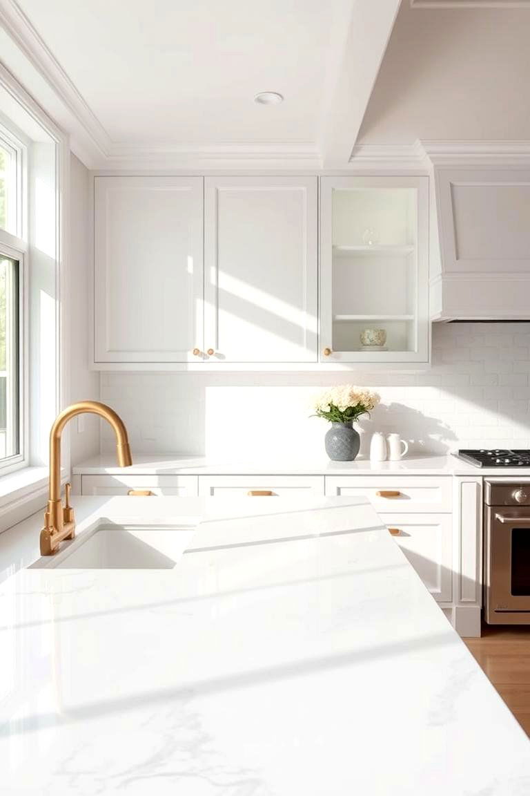 Sleek White Countertops and Subtle Gold Fixtures - 24 black white and gold kitchen ideas
