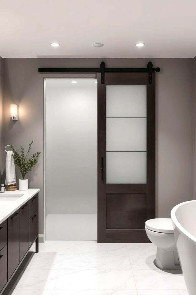 Sleek and Modern Barn Door with Glass Panels - 24 Bathroom Barn Door Ideas