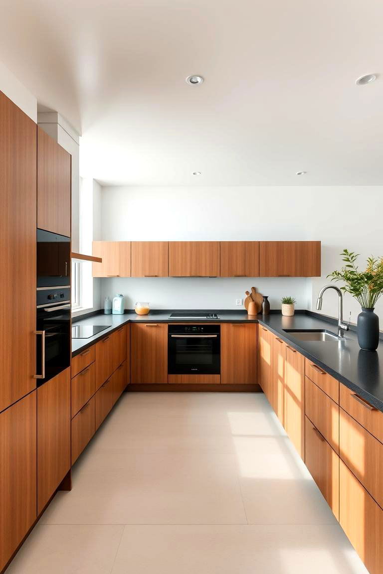 Sleek and Simple - 24 kitchen with brown cabinets and black countertops ideas