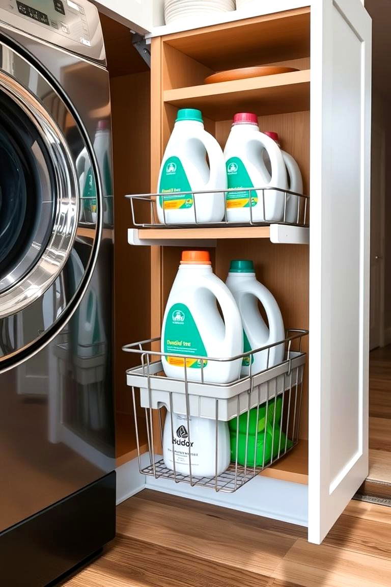 Slide Out Shelf Baskets for Streamlined Design - 24 Laundry Detergent Storage Ideas