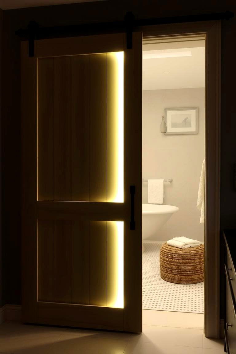 Sliding Barn Door with Integrated Lighting for Atmosphere - 24 Bathroom Barn Door Ideas