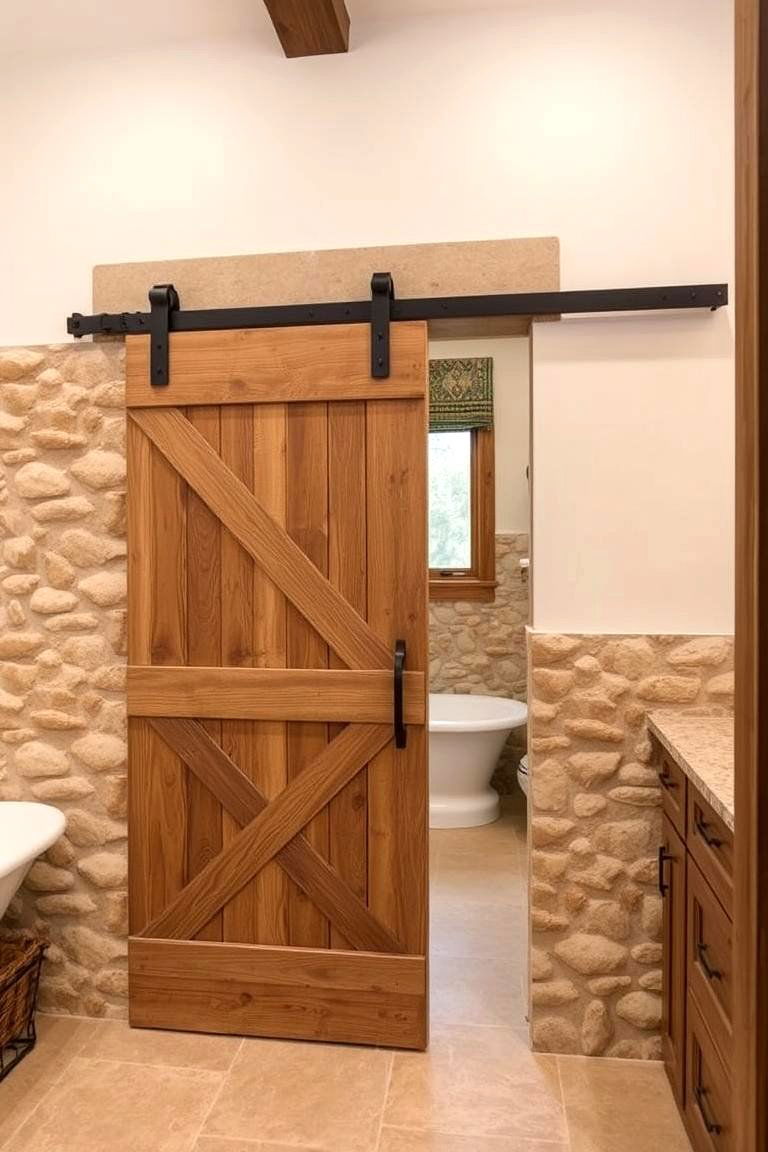 Sliding Barn Door with Natural Stone Accents - 24 Bathroom Barn Door Ideas