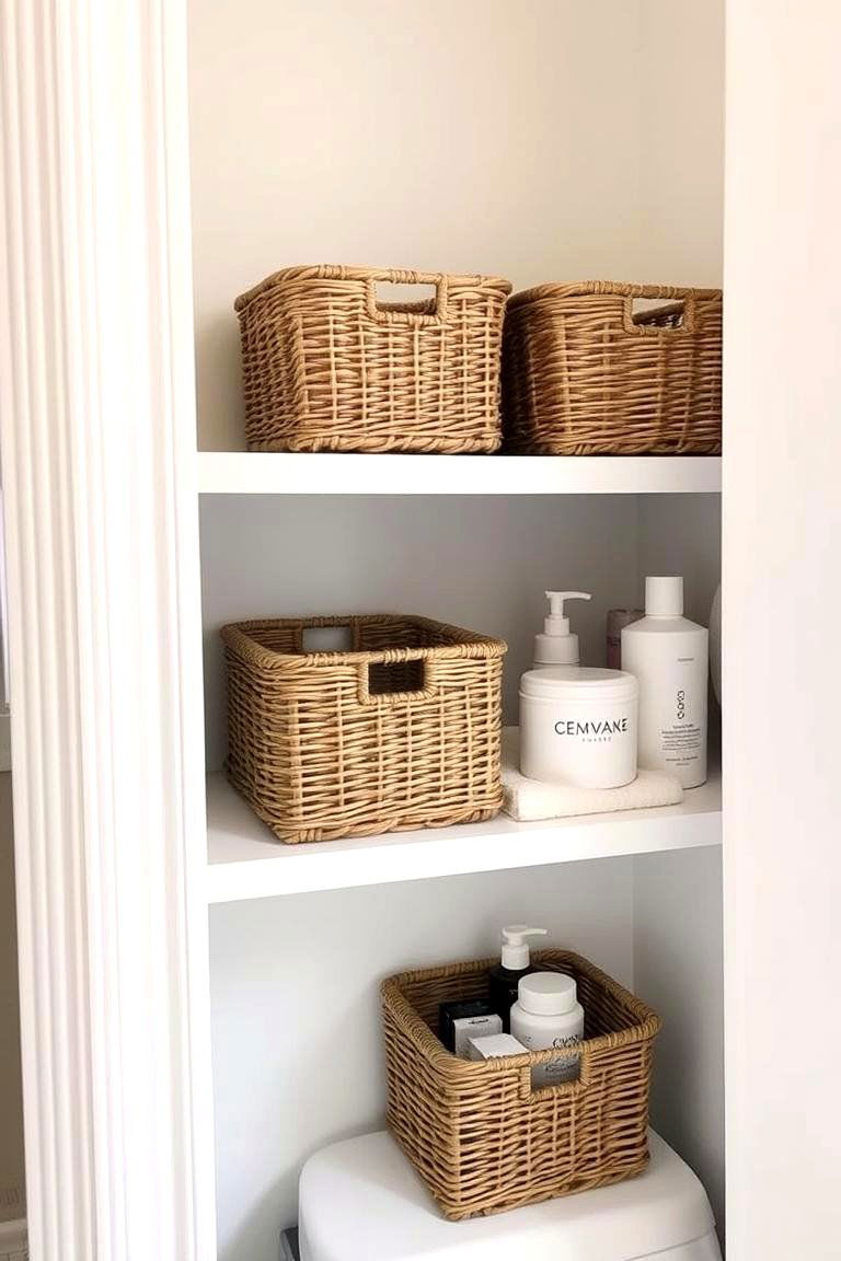 Small Baskets on Shelves for Organized Storage - 24 Bathroom Shelf Ideas