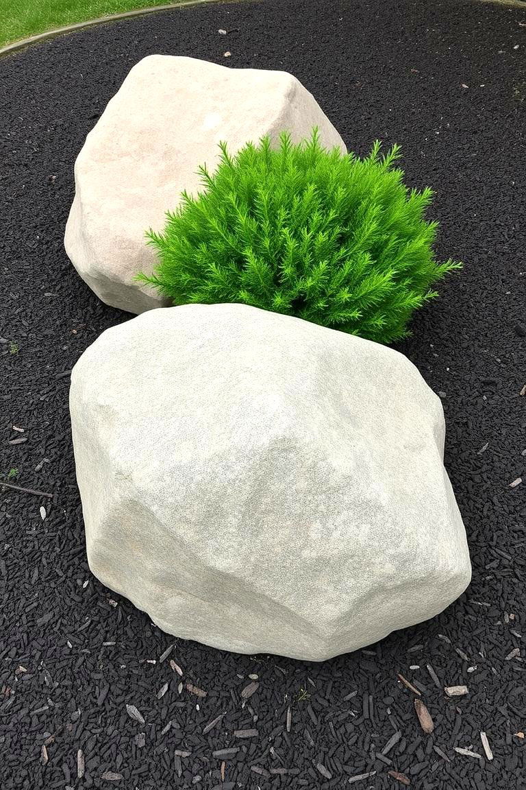 Small Boulder Accent in Mulched Garden Area - 24 Front Yard Landscaping Ideas With Rocks and Mulch