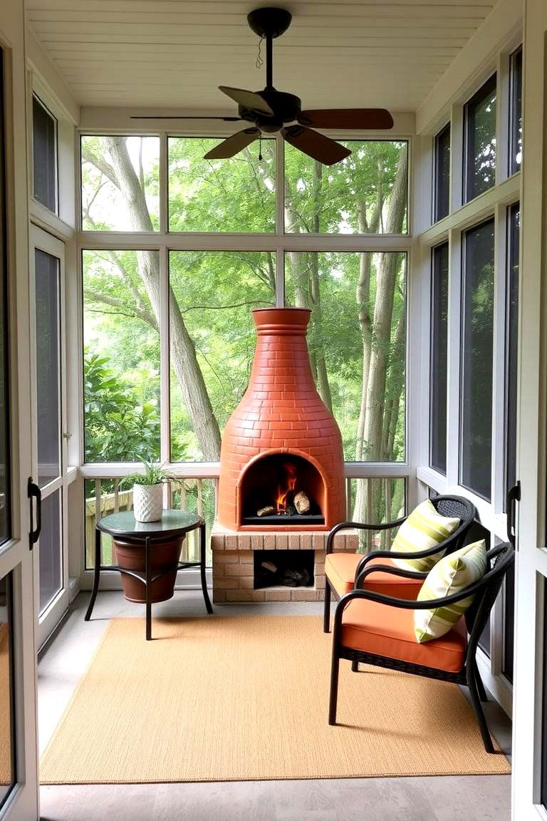 Small Chiminea Style Fireplace for Compact Spaces - 24 Screened-in Porch With Fireplace Ideas