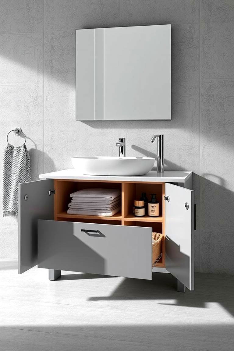 Smart Grey Vanity with Integrated Storage - 24 Grey Bathroom Vanity Design Ideas