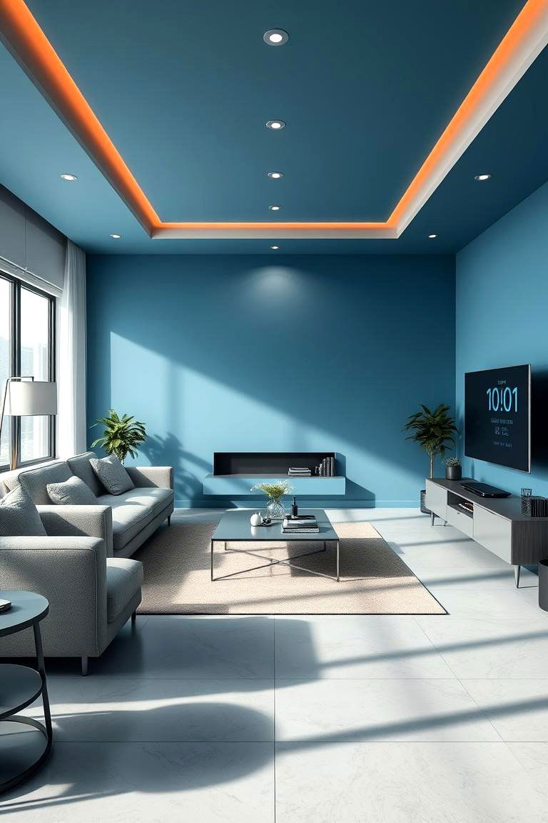 Smart Home Integration - 24 grey floor living room with blue walls ideas