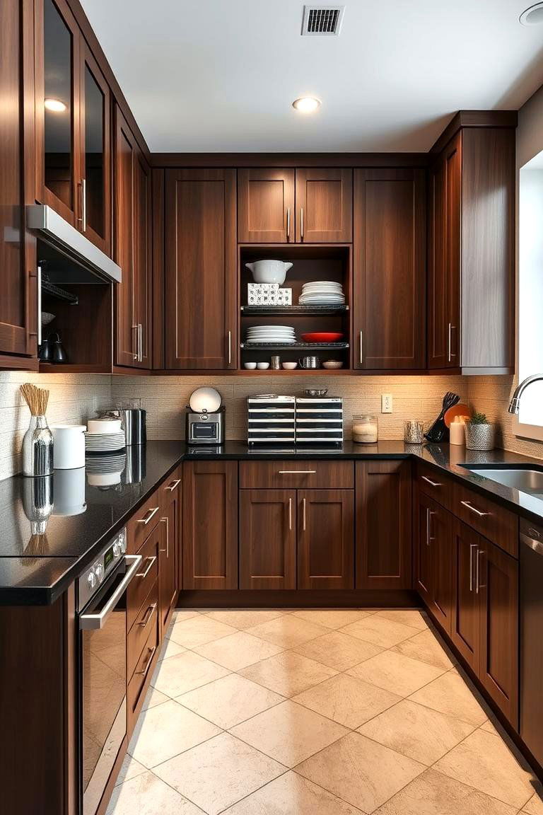 Smart Kitchen Organization - 24 Brown Kitchen Cabinets With Black Countertops