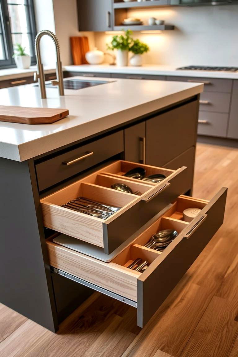 Smart Pull Out Utensil Drawers - 24 Kitchen Island Storage Ideas