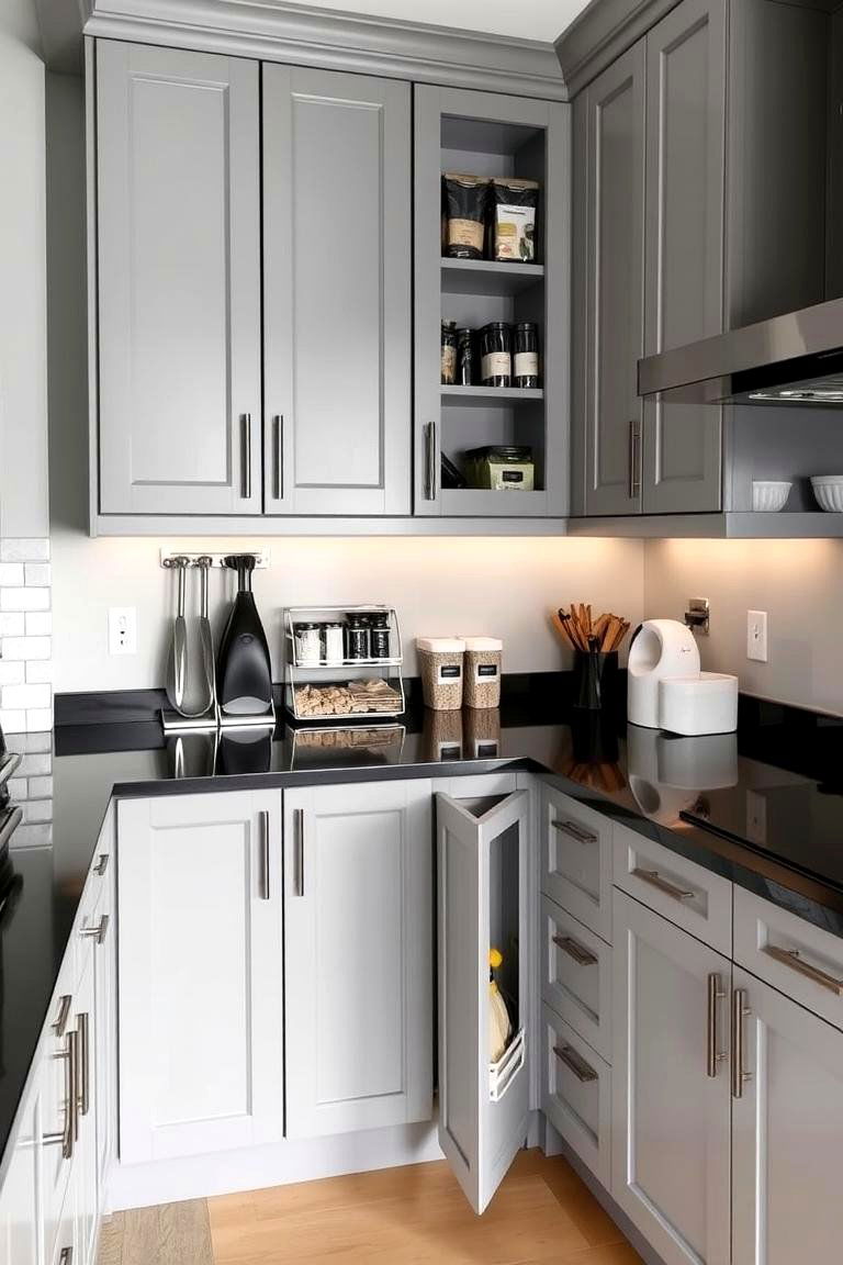 Smart Storage Solutions - 24 Kitchen With Gray Cabinets And Black Countertops Ideas