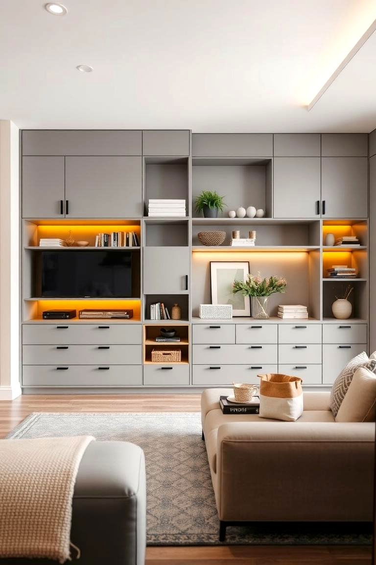 Smart Storage in a Grey Base with Yellow Hints - 24 Grey and Yellow Living Room Ideas