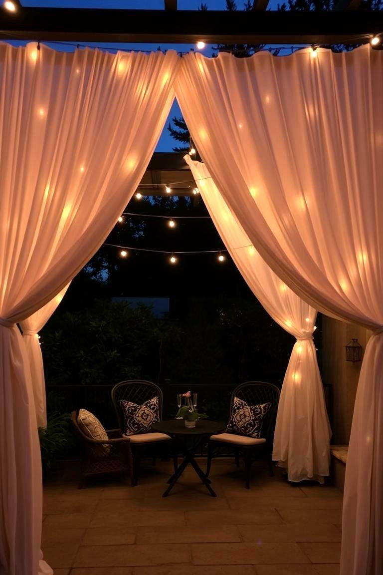 Soft Ambiance and Subtle Screening with String Lights and Fabric Panels - 24 Privacy Patio Ideas
