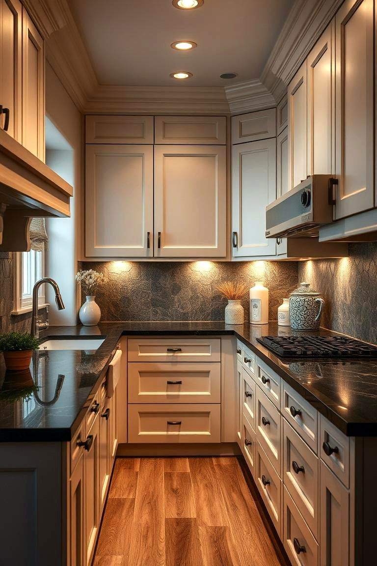 Soft Ambiance with Textured Details - 24 kitchen with dark countertops and light cabinets