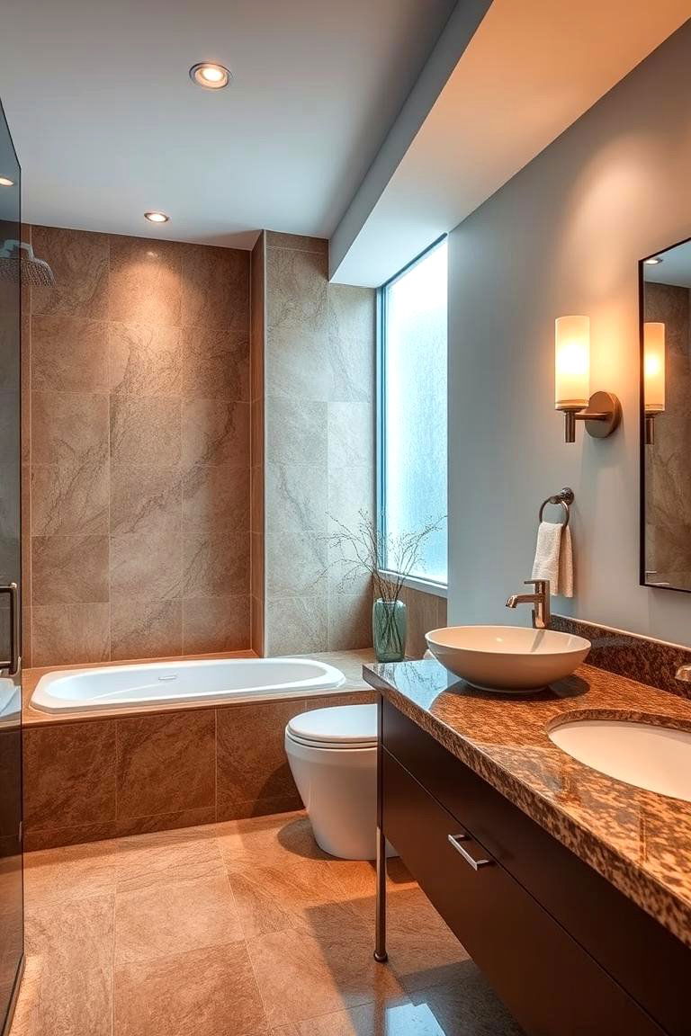 Soft Ambient Lighting with Granite Accents - 24 Brown Granite Bathroom Ideas