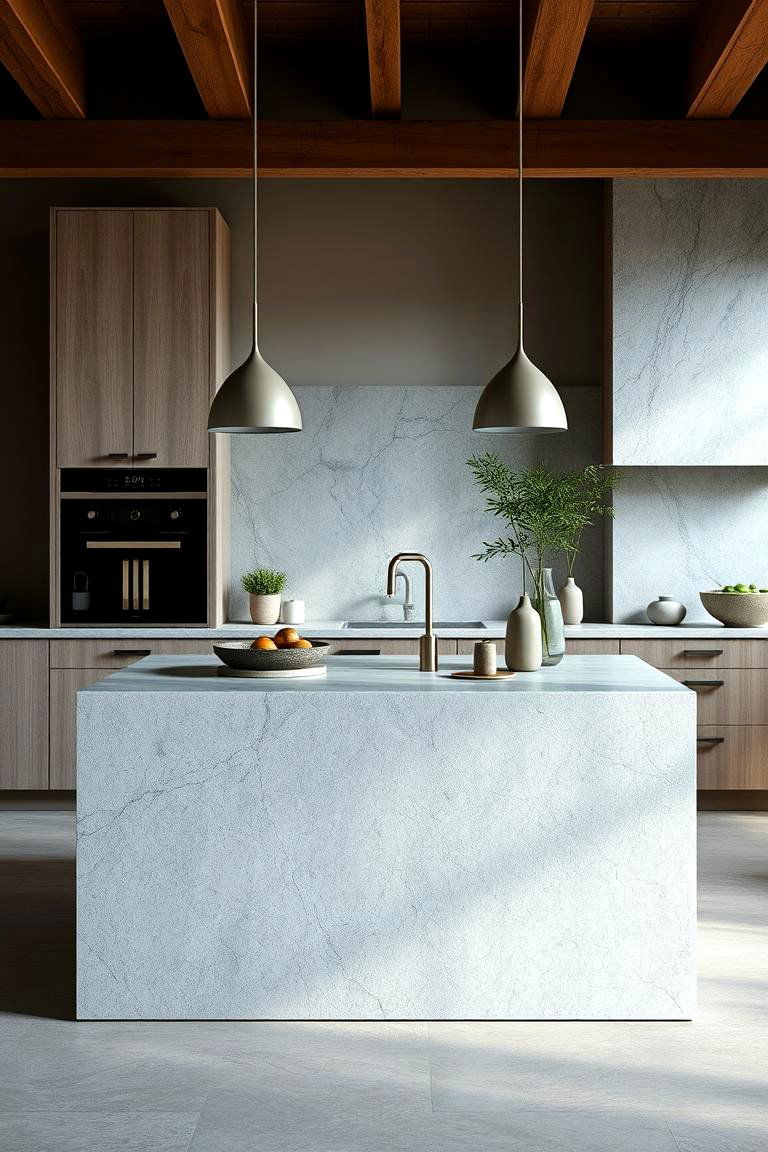 Soft Blue Natural Stone Island - 24 Blue Kitchen Island Ideas