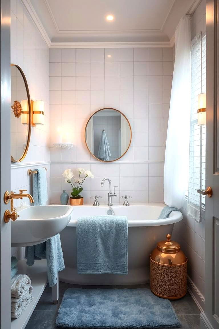 Soft Blue Textiles with Shimmering Gold Details - 24 Blue and Gold Bathroom Ideas