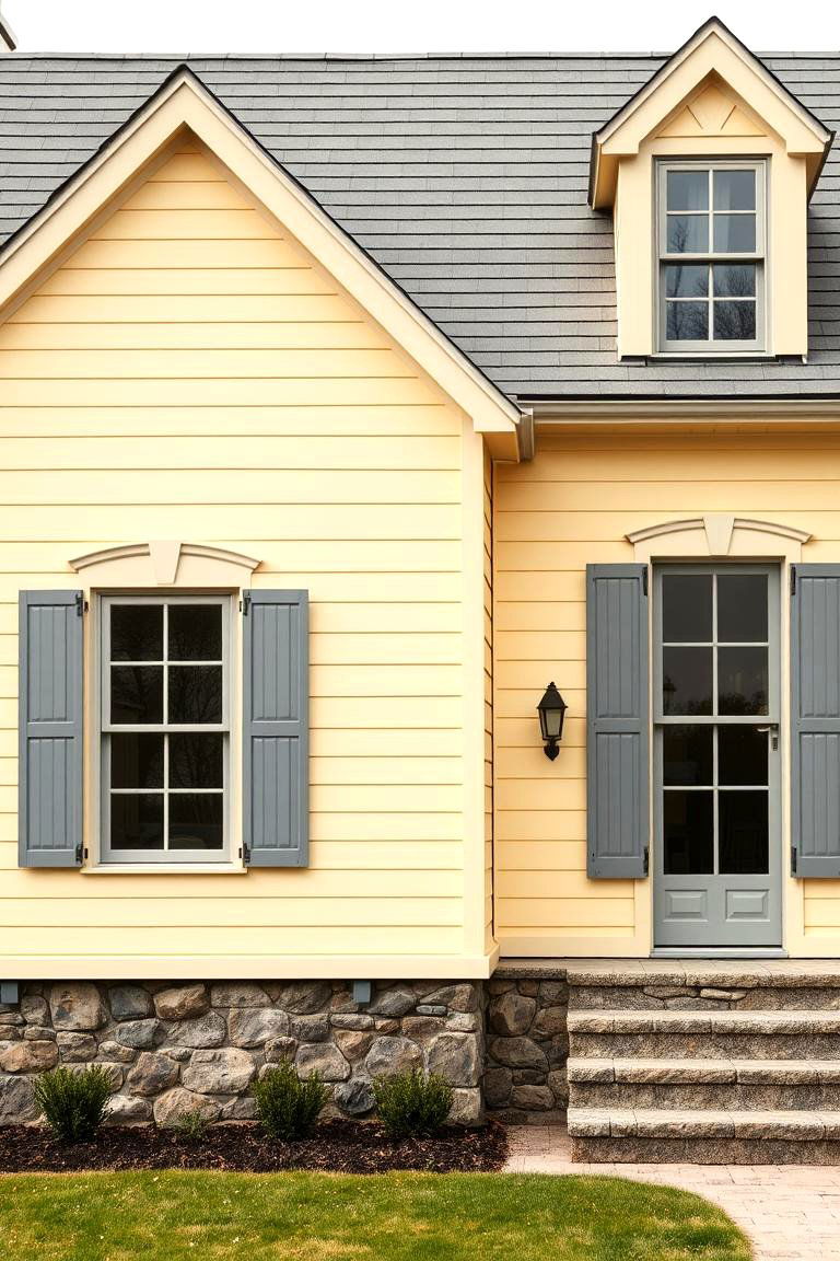 Soft Butter Yellow with Gray Accents - 24 Yellow Exterior Home Ideas