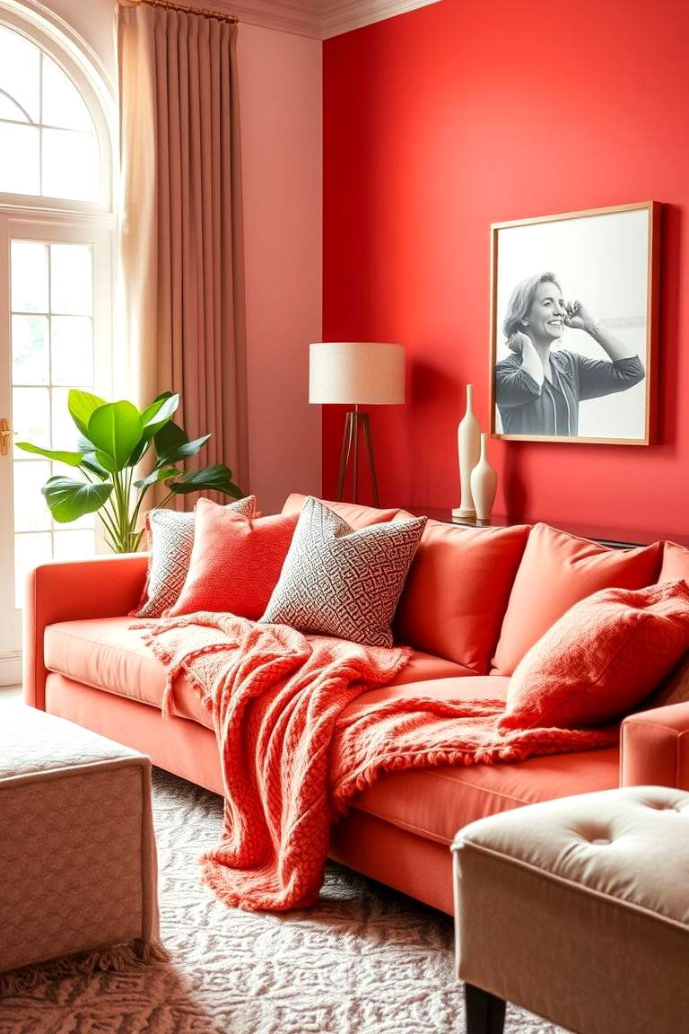 Soft Coral Monochromatic Living Room - 24 Monochromatic Living Room Ideas
