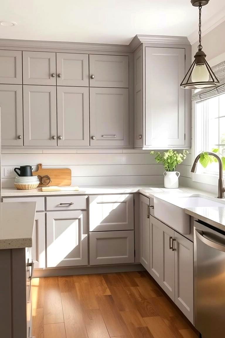 Soft Gray Cabinets with Brass Hardware - 24 Farmhouse Kitchen With Gray Cabinets Ideas
