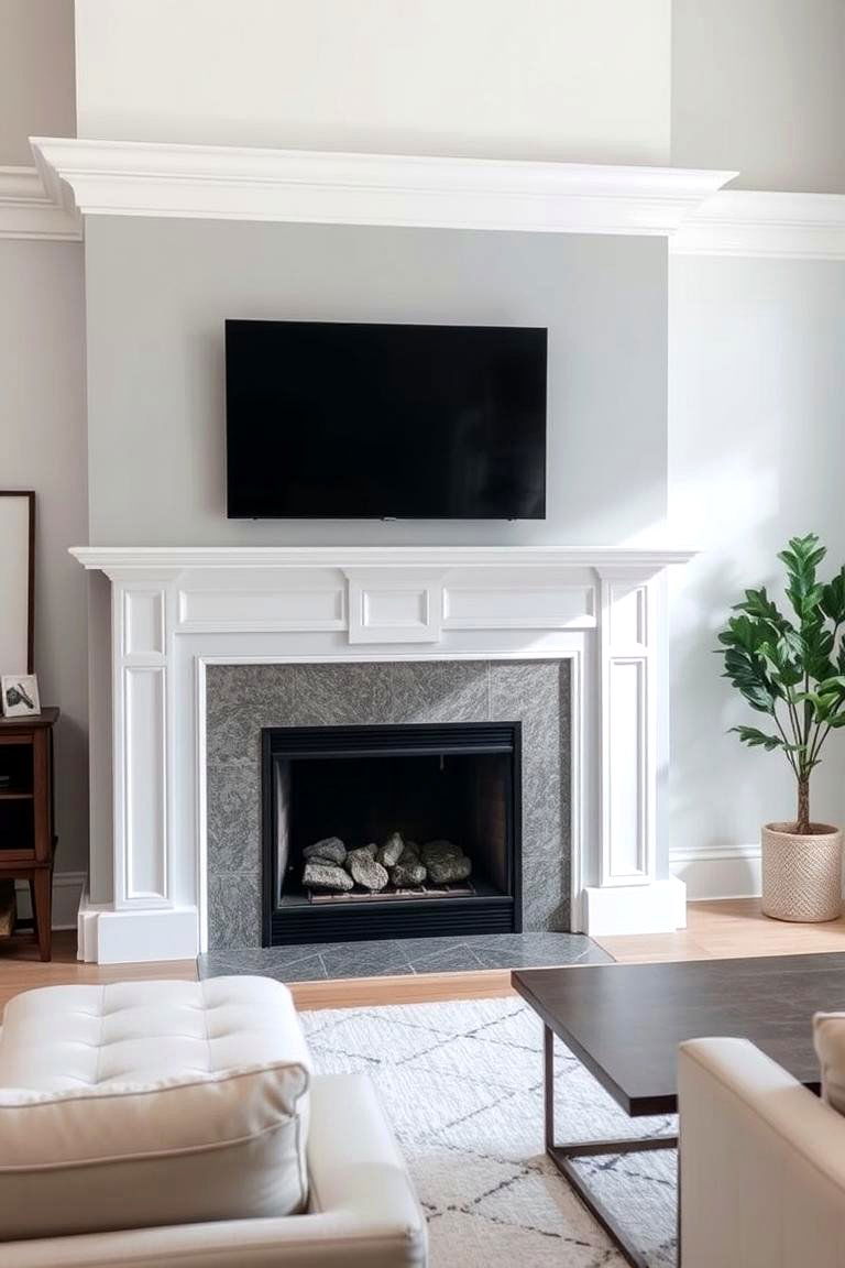 Soft Gray Fireplace with White Trim - 24 Fireplace Paint Ideas