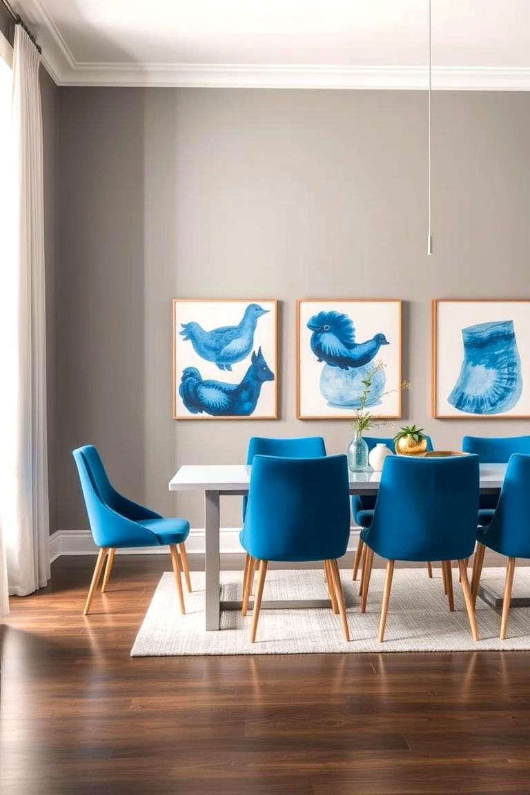 Soft Gray and Bold Blue Accents - 24 Neutral Dining Room Ideas