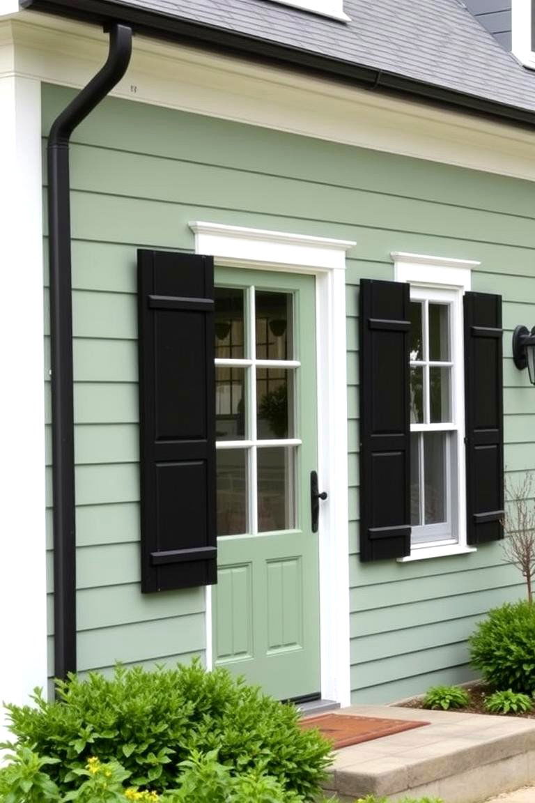 Soft Green with Black Shutters - 24 Farmhouse Green Exterior Home Ideas