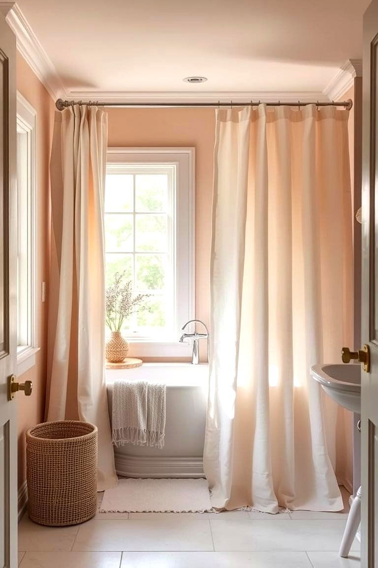 Soft Linen Drapery and Textured Shower Curtains - 24 Tuscan Bathroom Ideas