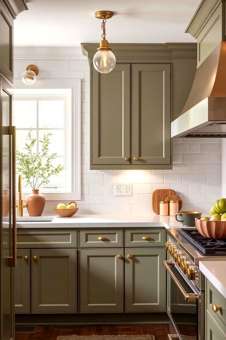 Soft Olive Green with Brass Lighting Fixtures for a Chic Look - 24 Green Kitchen Cabinet Ideas