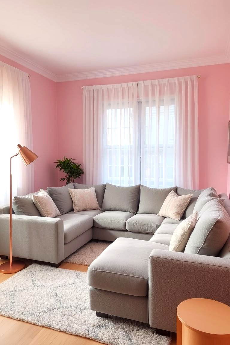 Soft Pink Walls with Grey Accents - 24 Pink and Grey Living Room Ideas
