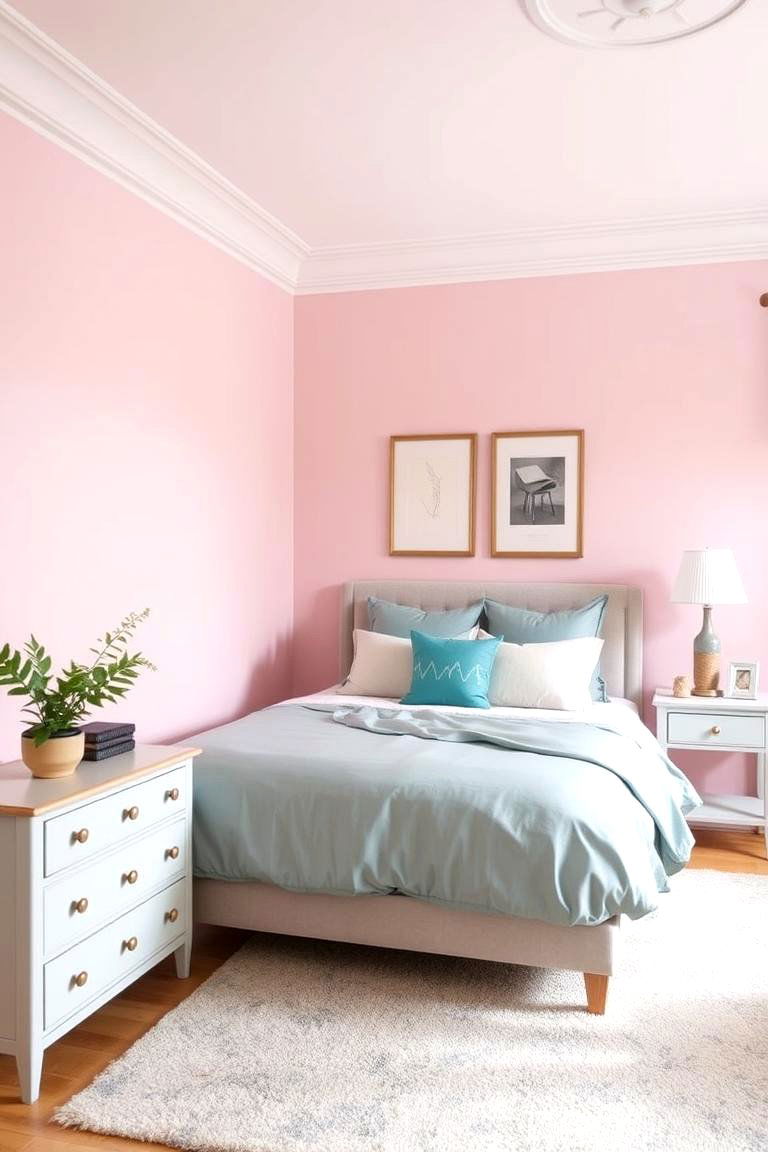 Soft Pink Walls with Teal Bedding and Accessories - 24 Teal and Pink Bedroom Ideas