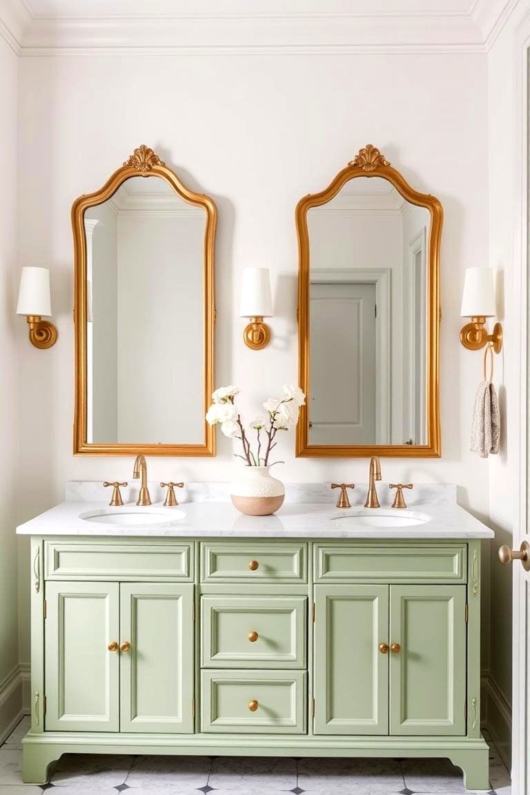 Soft Pistachio Green Vanity with Gold Mirrors - 24 Bathroom With Green Vanity