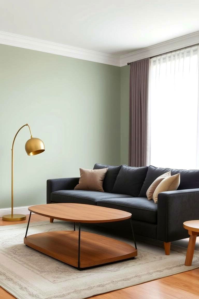 Soft Sage Green Walls with Charcoal Grey Accents - 24 Green and Grey Living Room Ideas