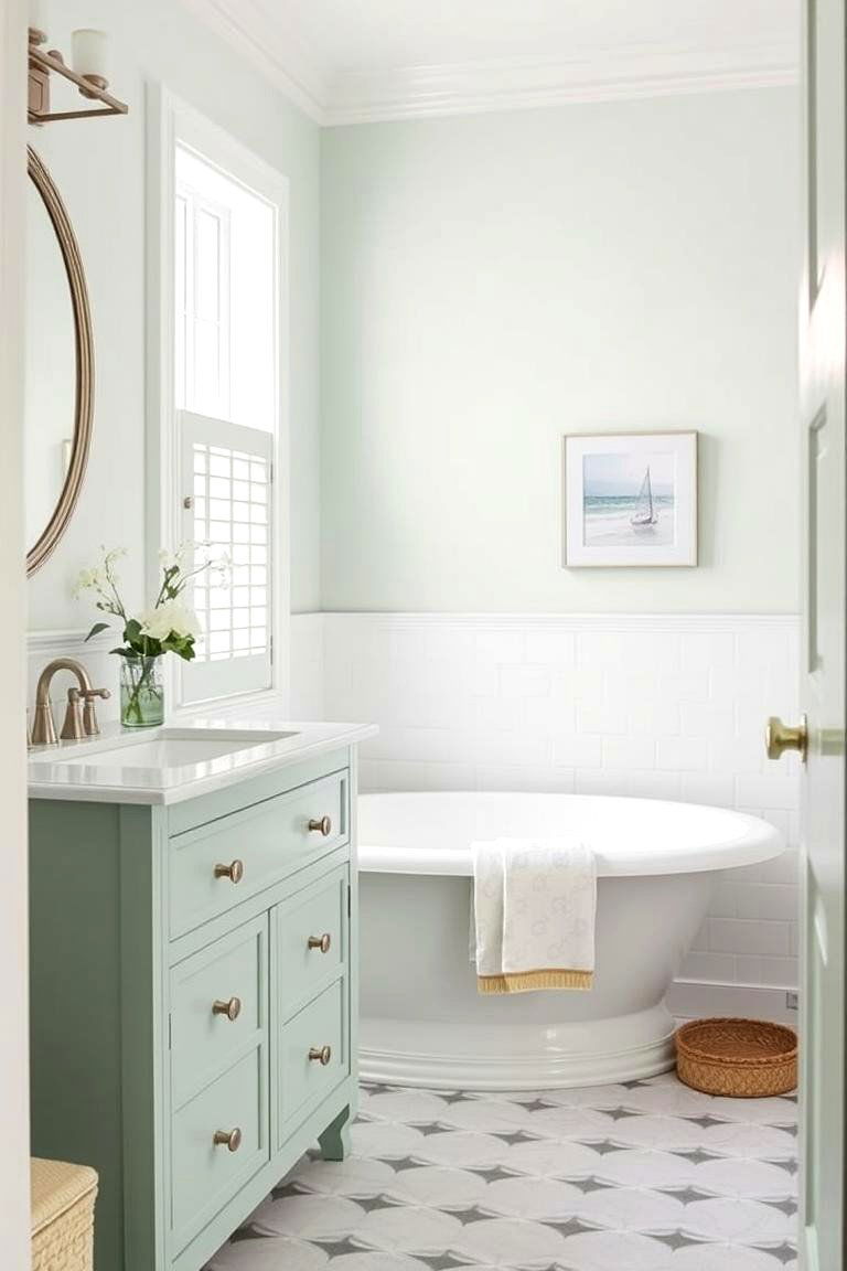 Soft Seafoam Green Vanity with White Bathtub - 24 Bathroom With Green Vanity