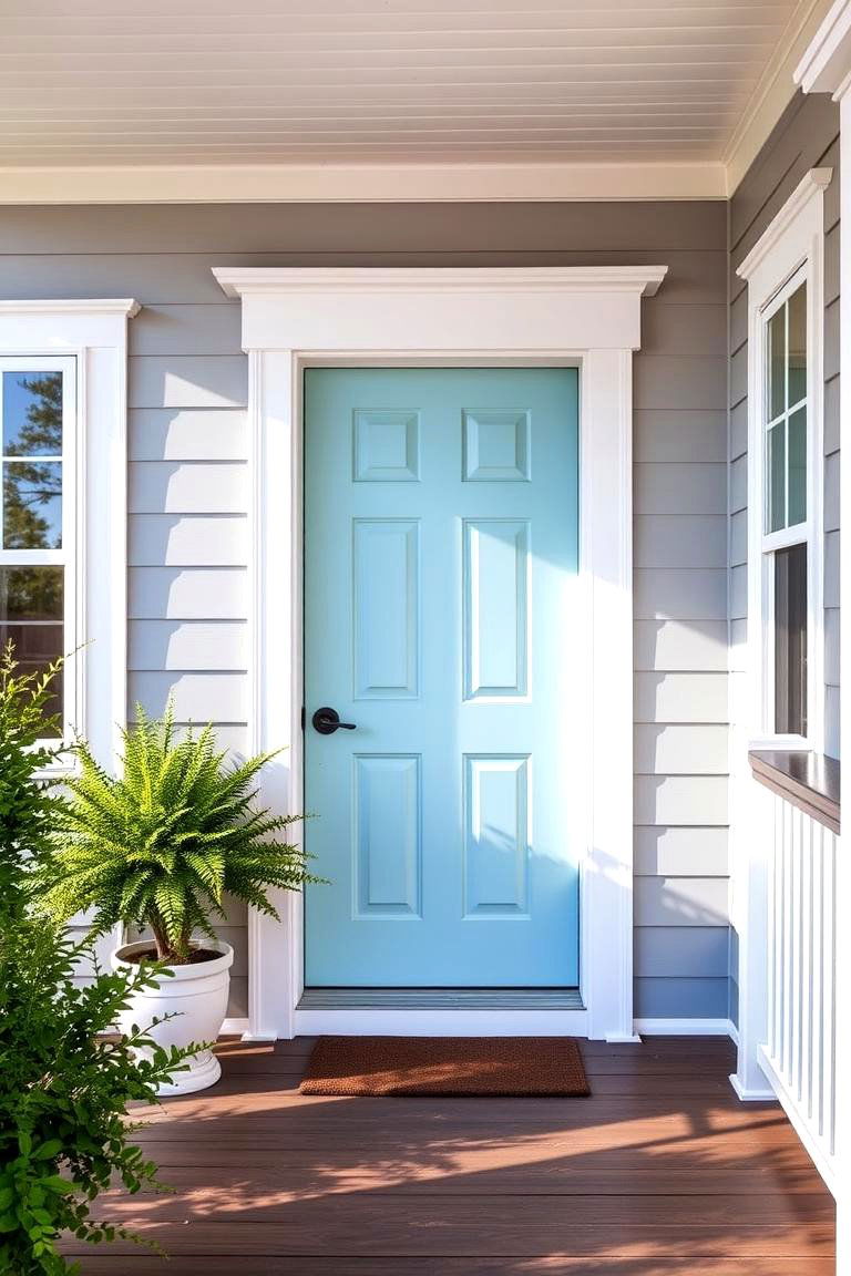 Soft Sky Blue Door with White Trim - 24 Grey House With Blue Door Ideas