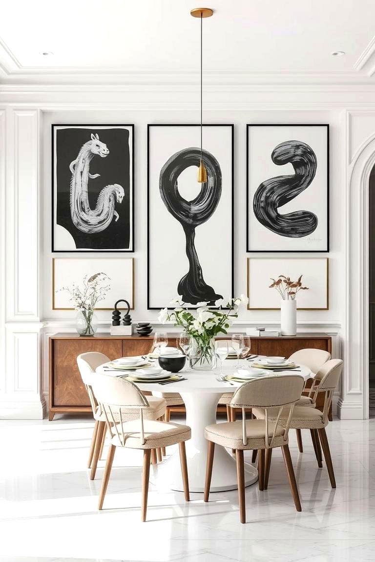 Soft White with Black and White Art - 24 Neutral Dining Room Ideas