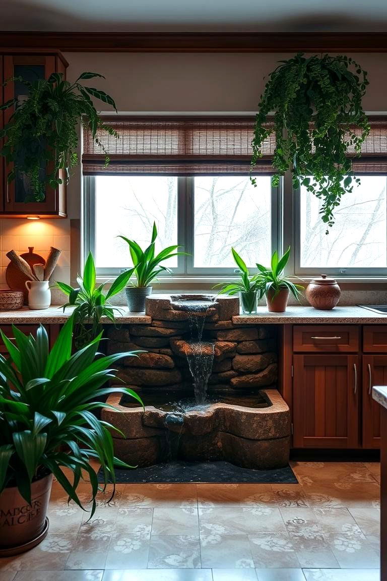 Soothing Water Feature Accent - 24 Greenhouse Kitchen Design Ideas
