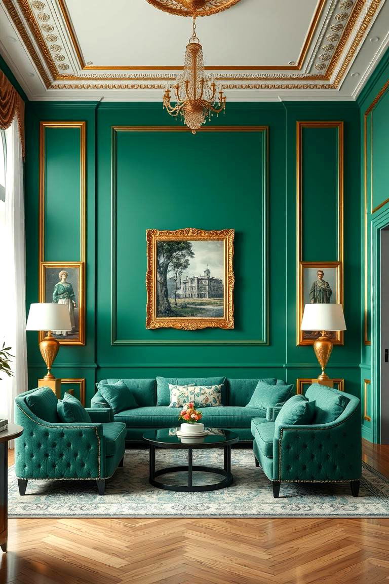 Sophisticated Ambience with Emerald Green Walls and Gold Trims - 24 Green and Gold Living Room Ideas