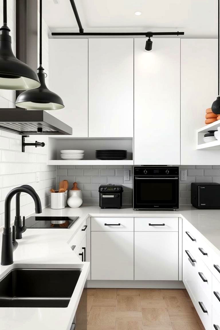 Sophisticated Black Fixtures with White Shelving - 24 Black and White Kitchen Ideas