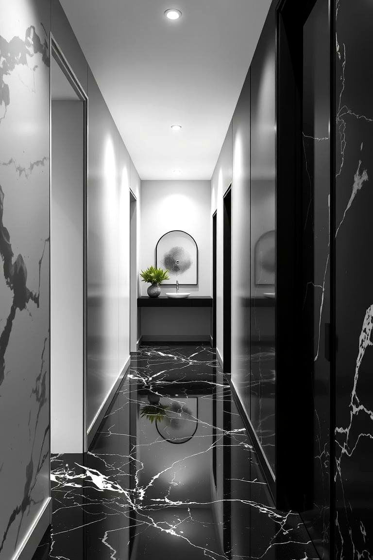 Sophisticated Black Marble Details - 24 Black and White Hallway Ideas