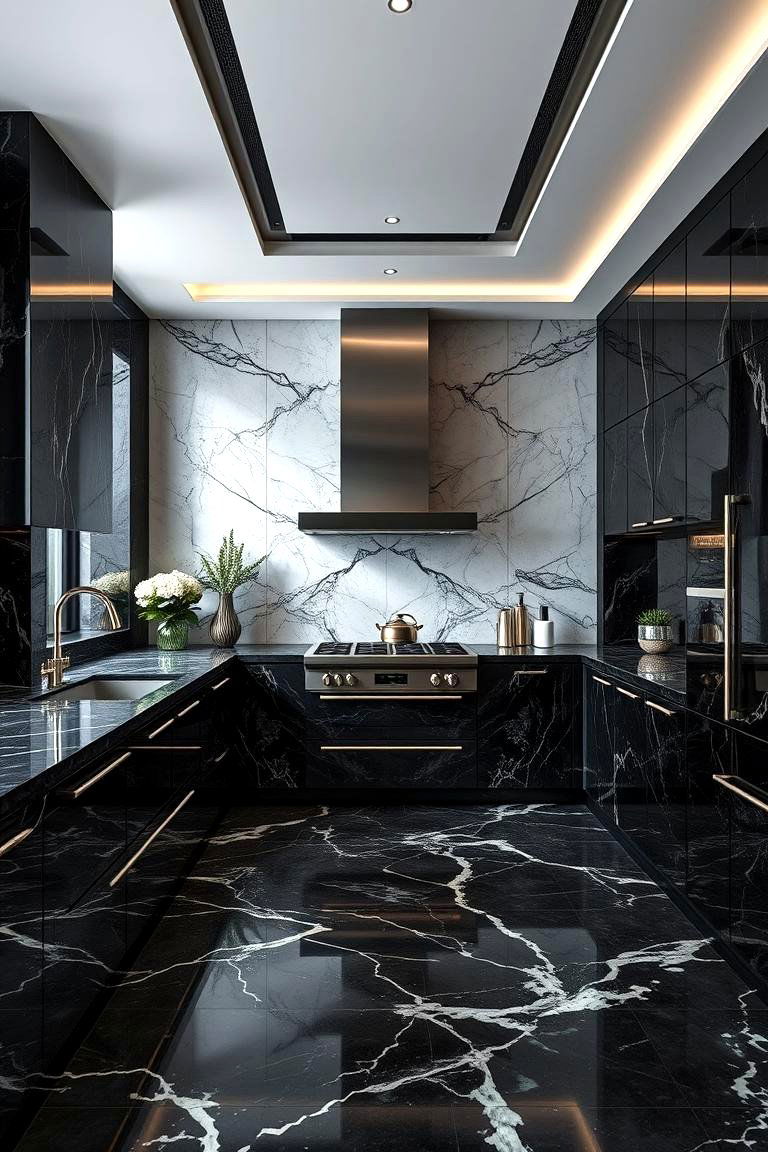 Sophisticated Black Marble with Green Overtones - 24 Black and Green Kitchen Ideas