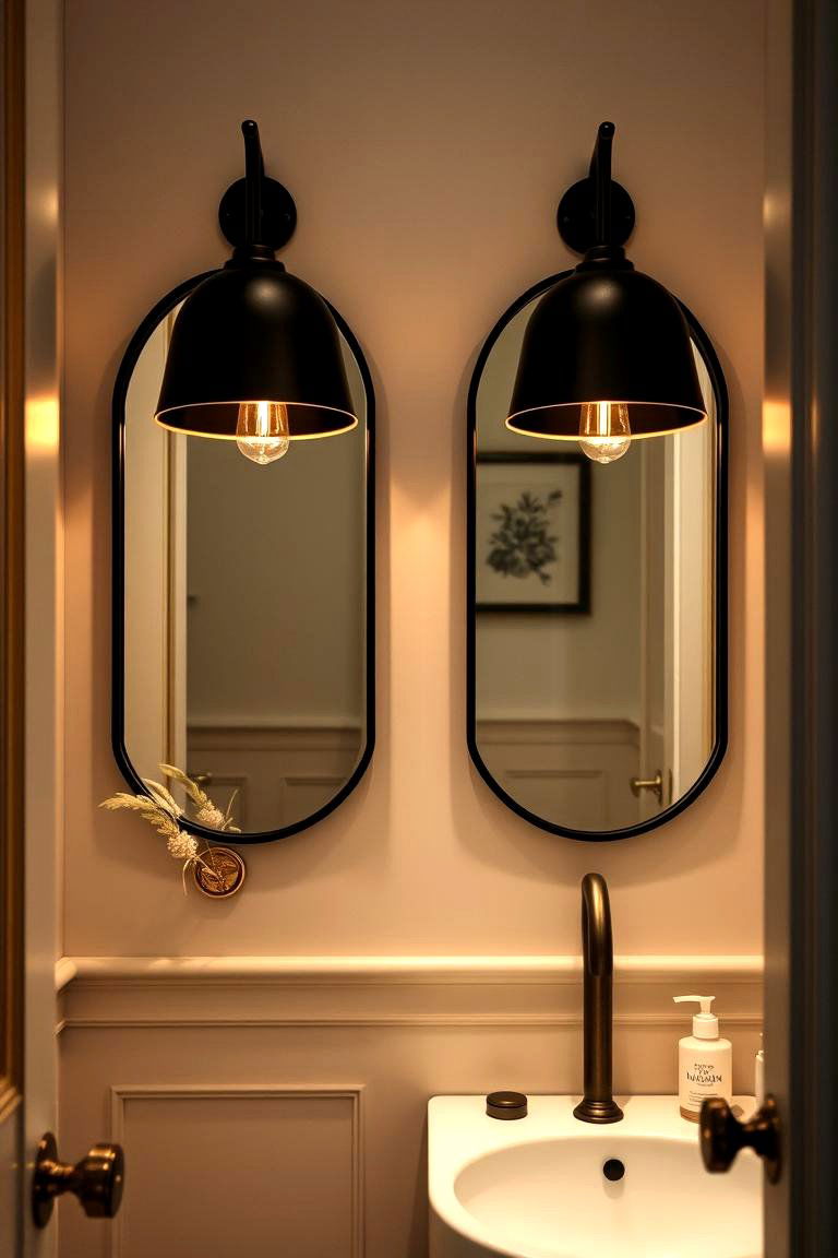 Sophisticated Black Sconces with Gold Touches - 24 black and gold powder room ideas