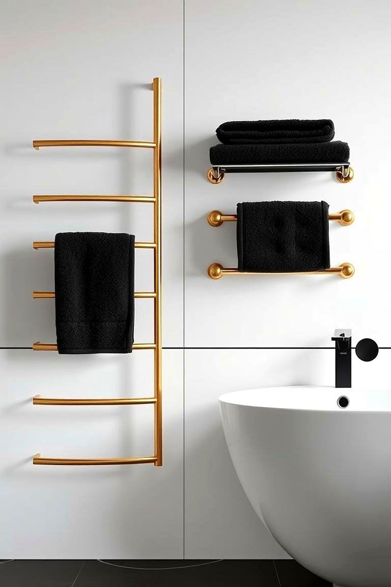 Sophisticated Black Towel Racks with Gold Finishes - 24 Black and Gold Bathroom Ideas