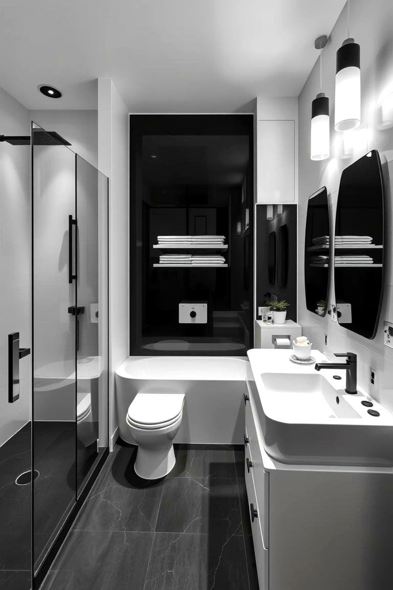 Sophisticated Black and White Contrast - 24 Restaurant Bathroom Ideas