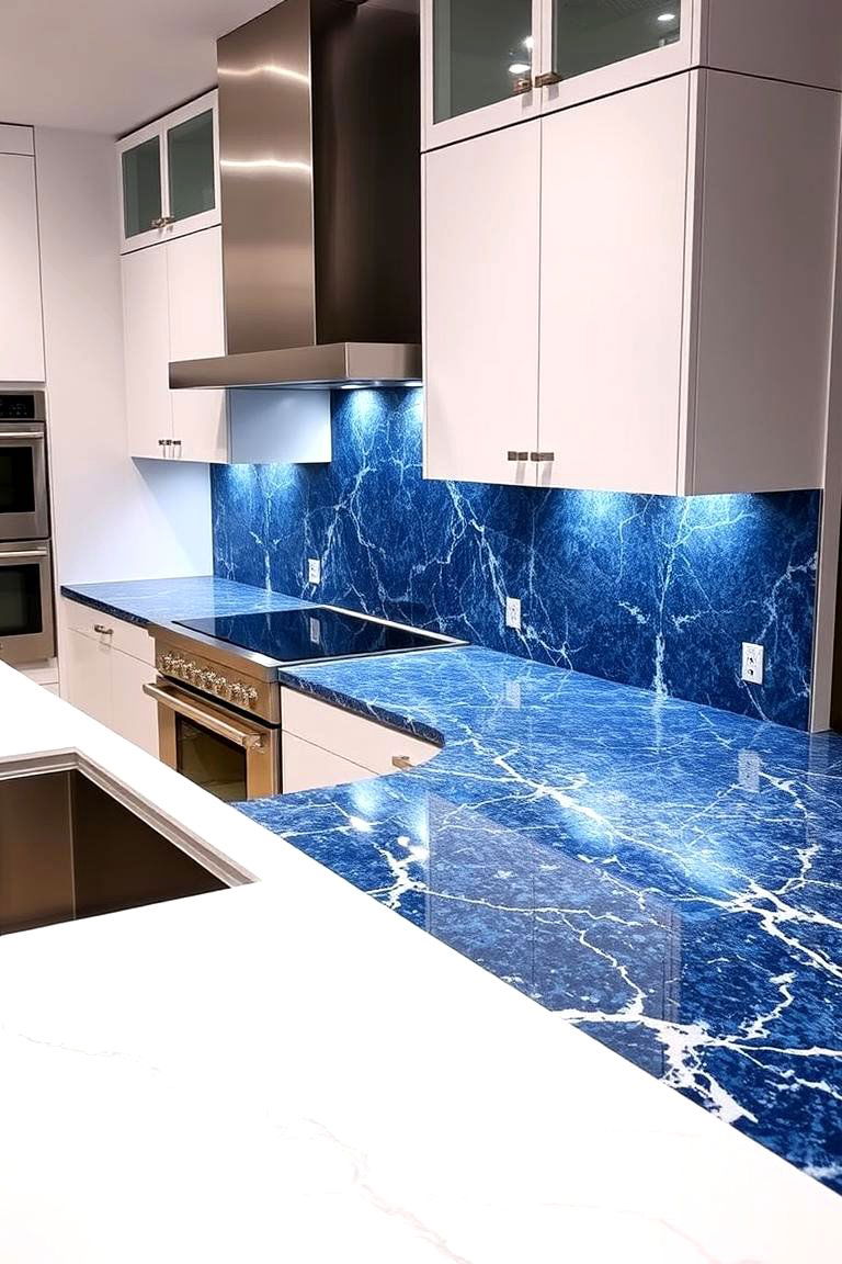 Sophisticated Blue Granite Countertops - 24 Blue and White Kitchen Ideas