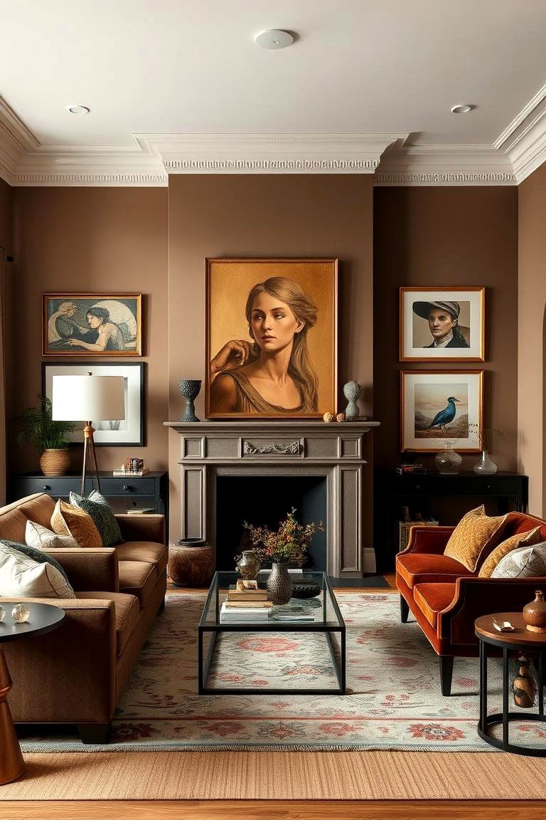 Sophisticated Brown with Artistic Decor - 24 Brown Living Room Ideas
